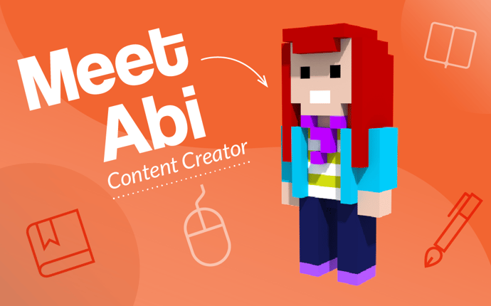 Graphic of a voxel style avatar of Abi, our copywriter and content creator, with the words "Meet Abi, Content Creator"